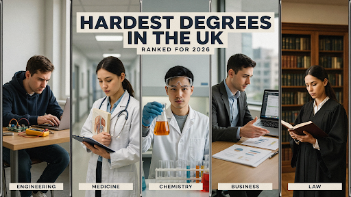 A visual of a banner with a title “ hardest degrees in UK”, showing 5 students from different fields.
