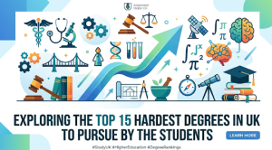 A visual of a banner with a title “Exploring the top 15 hardest degrees in UK to pursue by the students