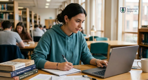A woman writing on a pad with a laptop in front of her.