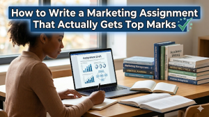 A girl writing an assignment with a laptop and marketing books on the table.