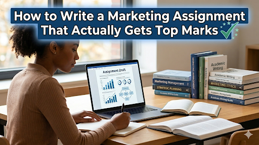 A girl writing an assignment with a laptop and marketing books on the table.