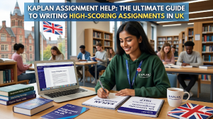 A student writing a Kaplan assignment in a busy library.