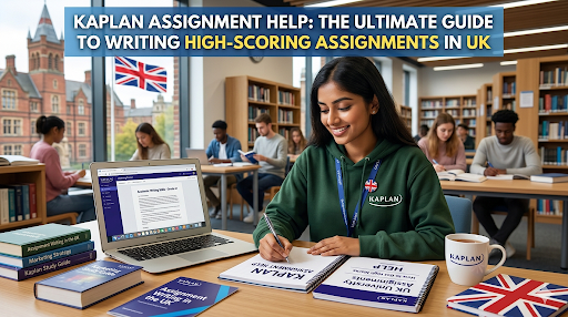 A student writing a Kaplan assignment in a busy library.