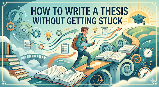 One Student walking a path of books on his thesis writing journey.