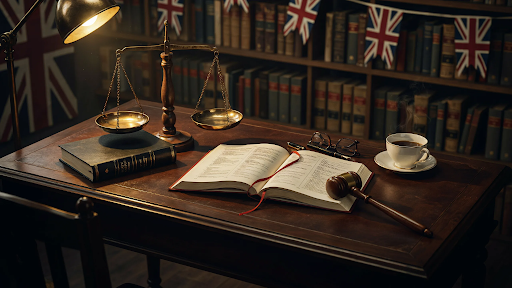 A weighing scale besides an open law book along with reading glasses & a cup of tea besides them.