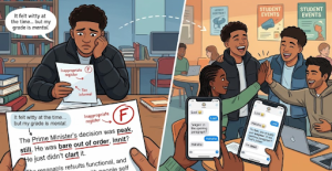 A split screen visual of students using roadman slang.