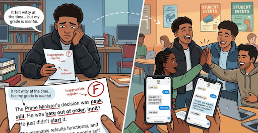 A split screen visual of students using roadman slang.