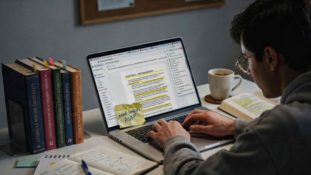 A Grad student marking citations and looking for literature reviews and references.