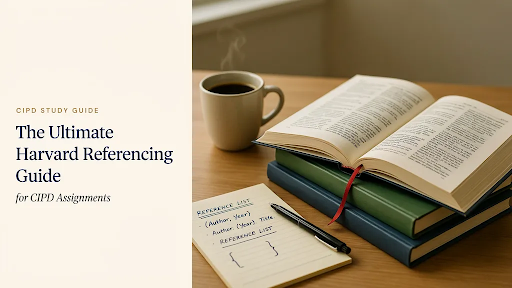 A notepad and an open book on a study table and a cap of tea.