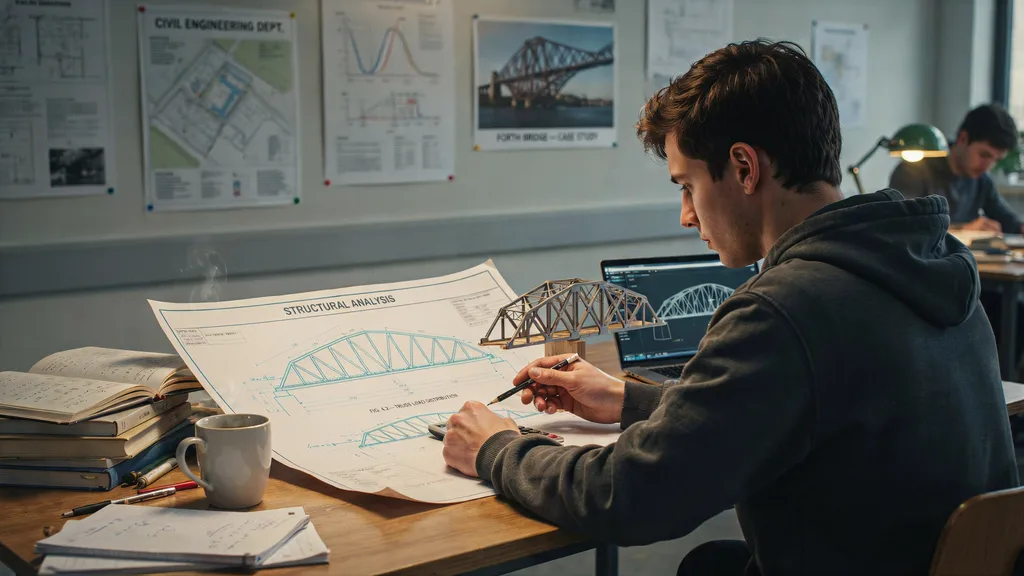 A civil engineering student working on a bridge plan in his study.