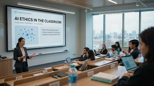 Students in a university classroom with a lecturer teaching the class about A.I Ethics.