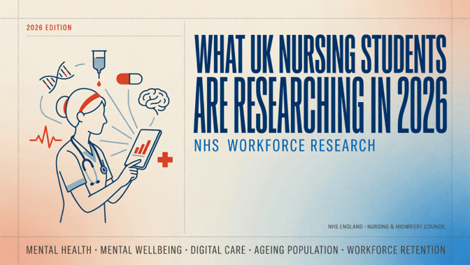 A nurse checking her tablet and browsing ideas about research topics.