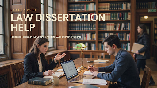 A pair of law students discussing their dissertation in a library.